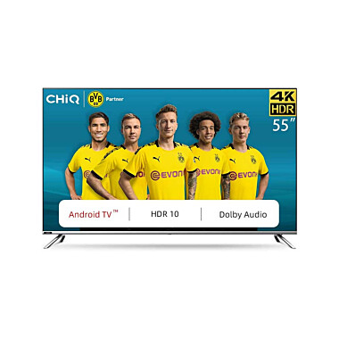 ChiQ 4K LED Smart TV, UHD, 55 Inch, Android 9.0, HDR10, A+ Screen, WiFi, Bluetooth 5.0, Netflix, YouTube, Prime Video, Full screen, display, HDMI, USB, Frameless